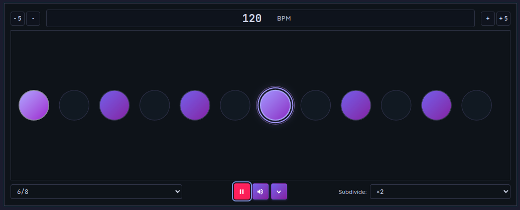 MusicalBoard Online Metronome — 6/8 time signature and Subdivide ×2