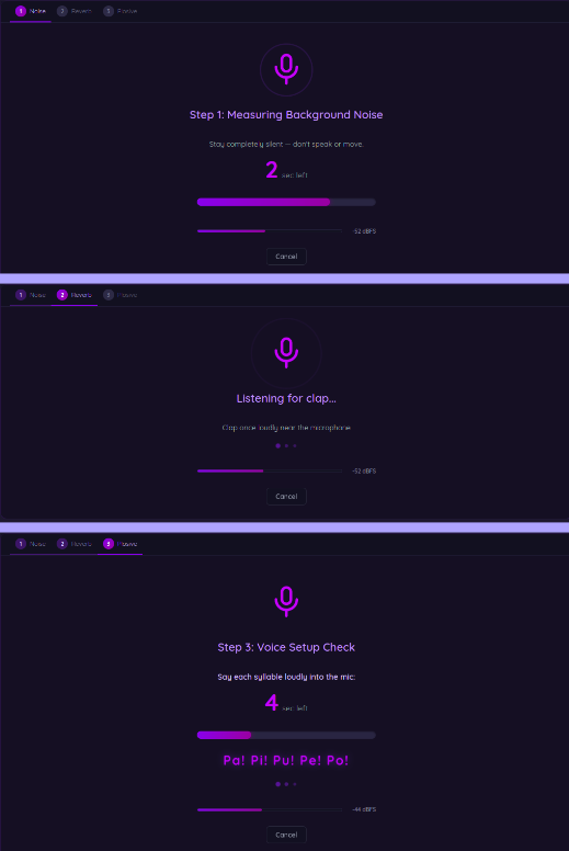 Mic Room Diagnostics — Noise, Reverb, and Plosive check screens