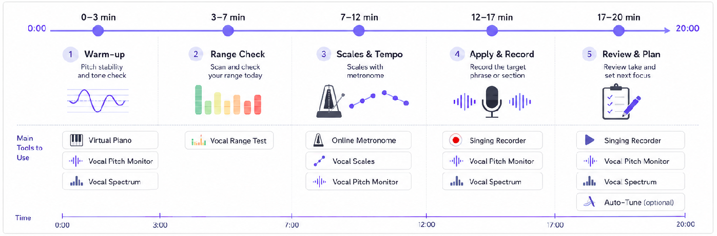 20-minute vocal practice timeline matched to MusicalBoard tools — warmup, range, scales with metronome, recording, review