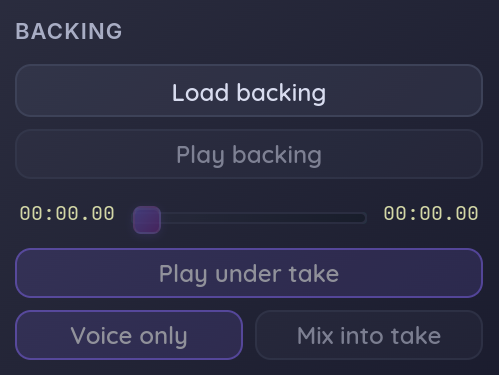 Singing Recorder backing track controls showing Load backing, cue gauge, Play under take, Voice only, and Mix into take