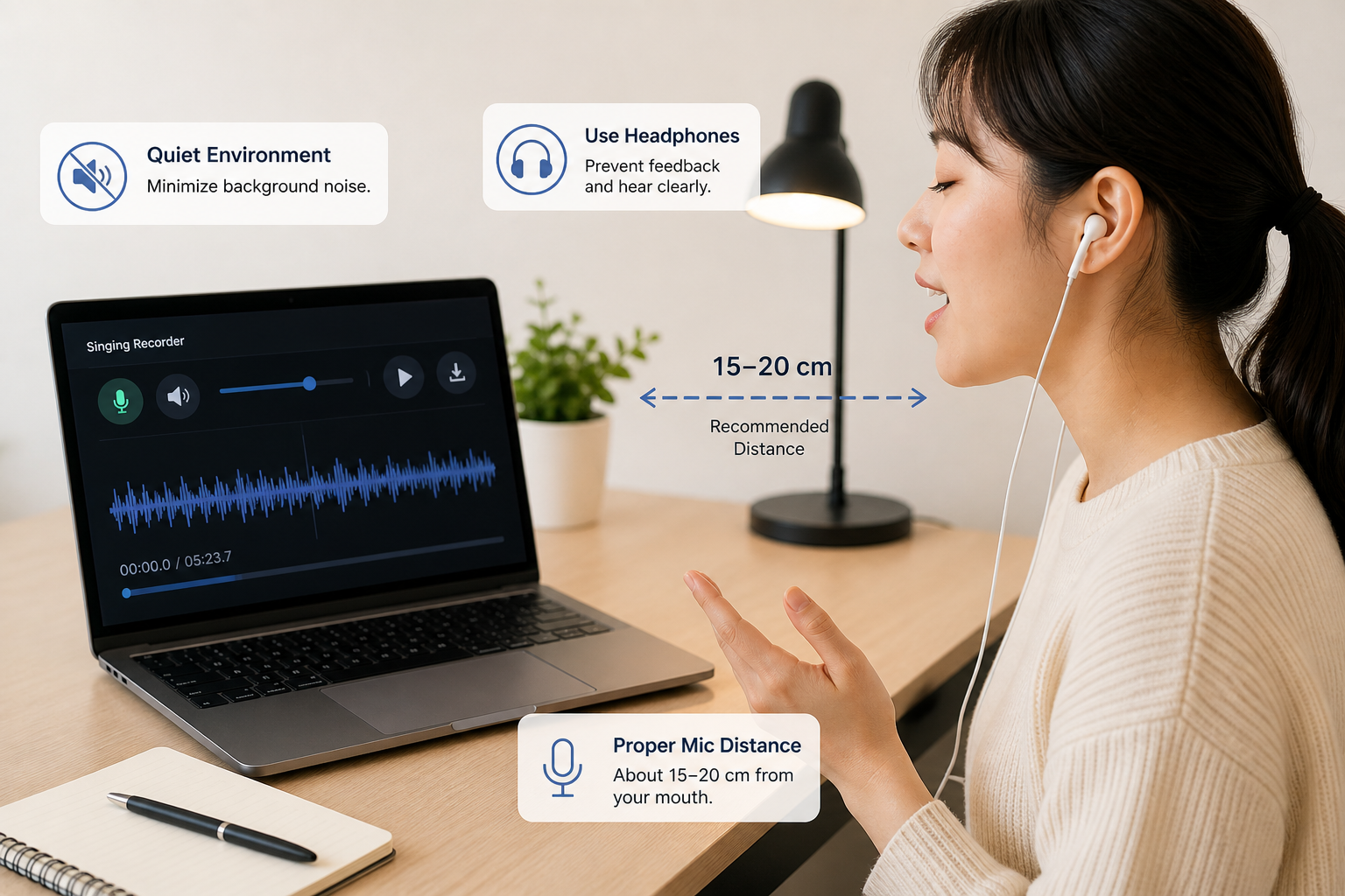 Singing in front of a laptop with Singing Recorder open in the browser — showing appropriate mic distance