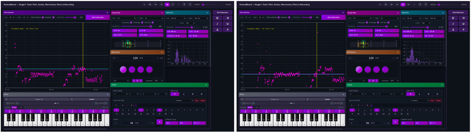 Diagram comparing two recorded takes of the same phrase side by side