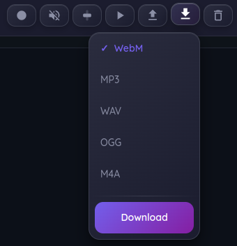 Singing Recorder — export format menu (WebM, MP3, WAV, OGG, M4A)