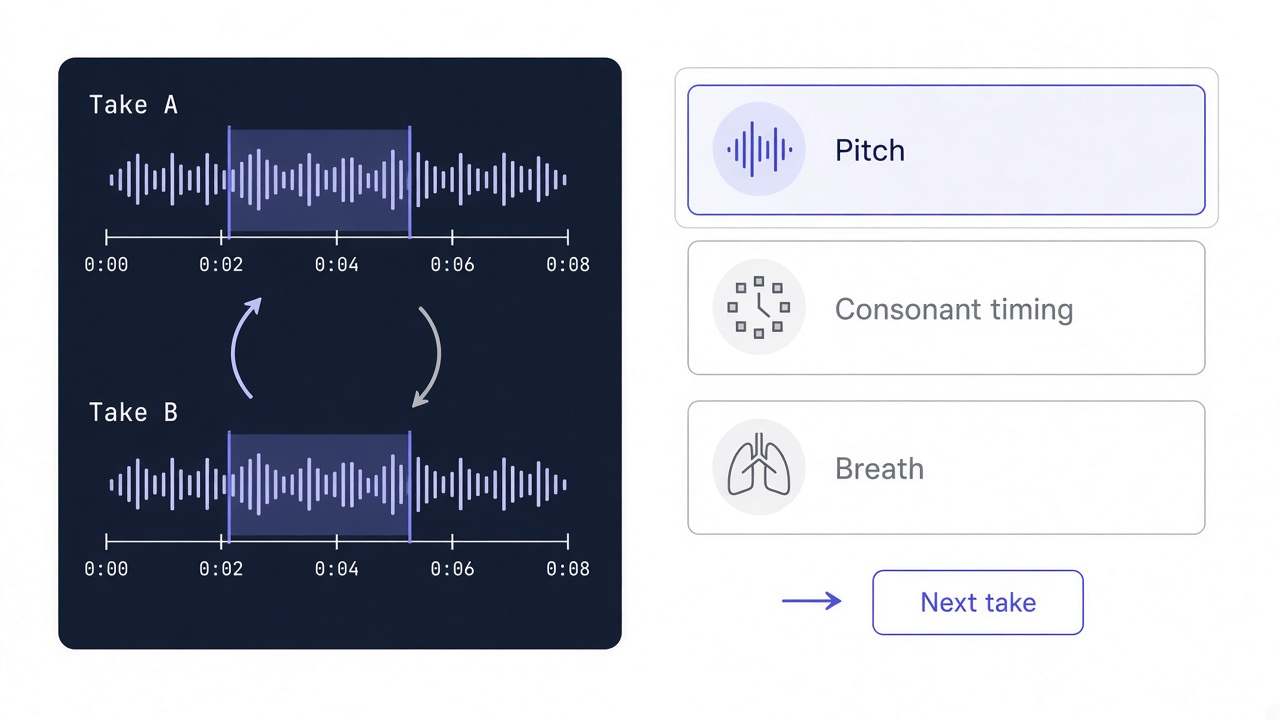 Workflow for alternating between Take A and Take B in Singing Recorder to compare pitch and rhythm in the same phrase
