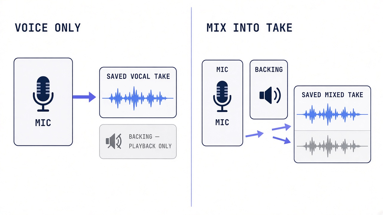Diagram comparing Voice only, which saves vocal audio alone, with Mix into take, which saves vocal and backing audio together