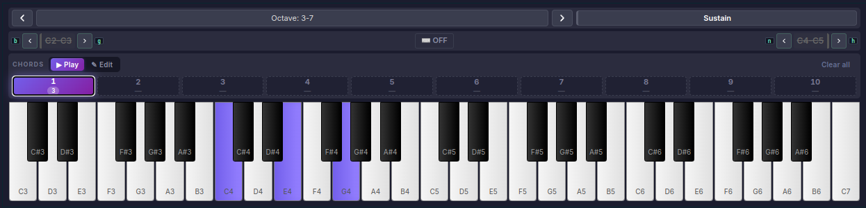 Diagram showing the C major chord (C, E, G) highlighted in color on a piano keyboard