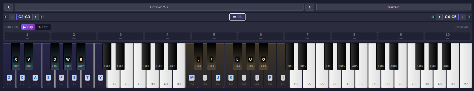 Virtual Piano in keyboard input mode — keys labeled with alphabet characters