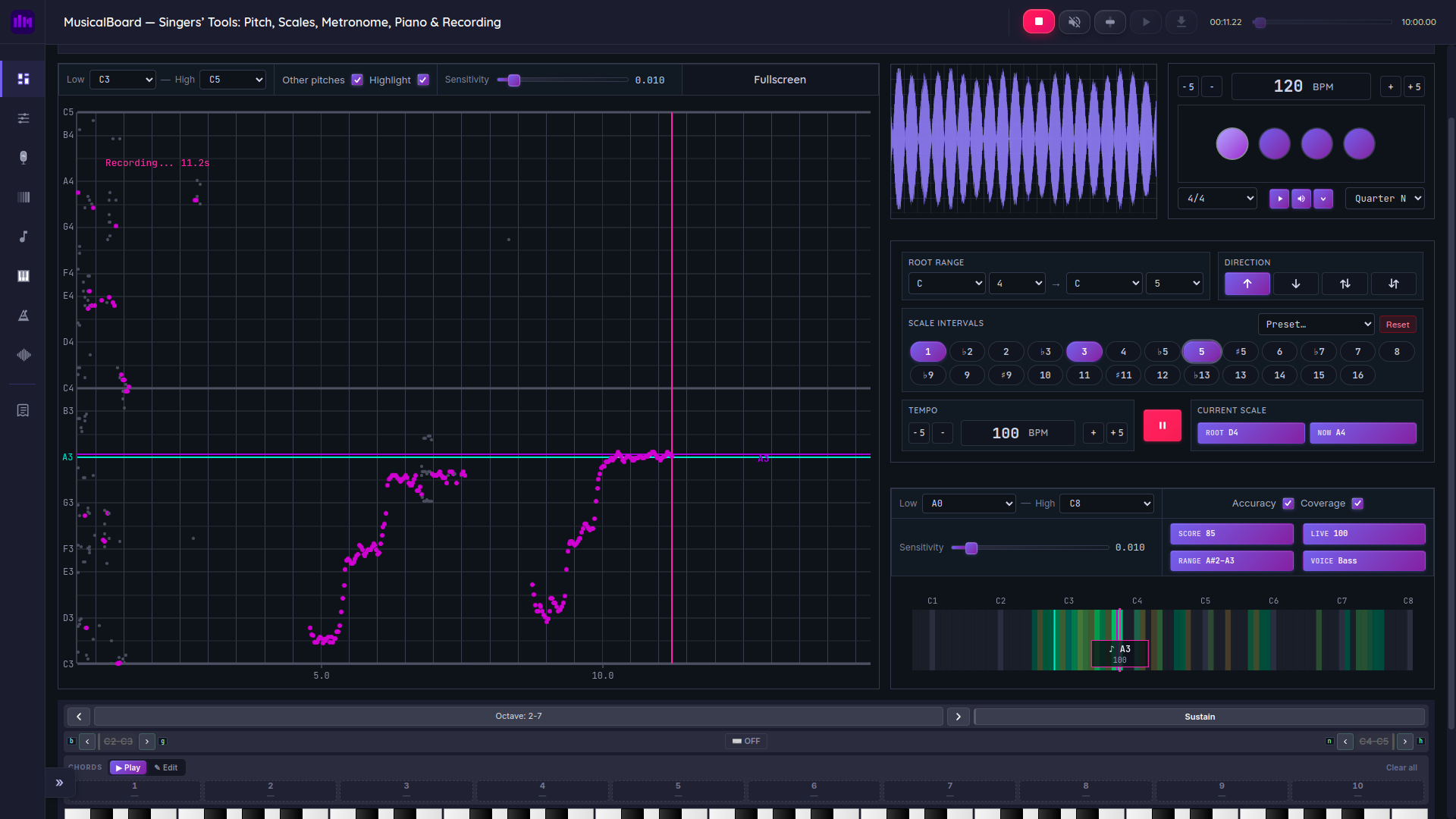 MusicalBoard dashboard with Vocal Scales and Pitch Monitor open simultaneously