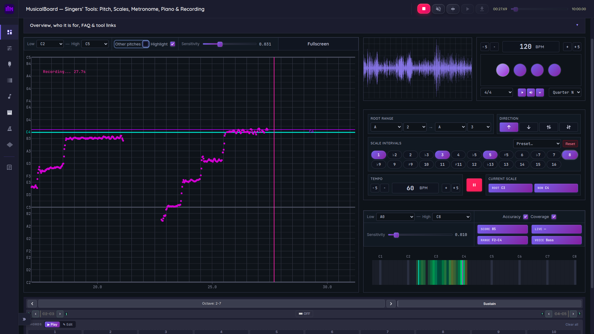 Using Vocal Scales and Vocal Pitch Monitor together — checking vibrato waves on each note of the scale