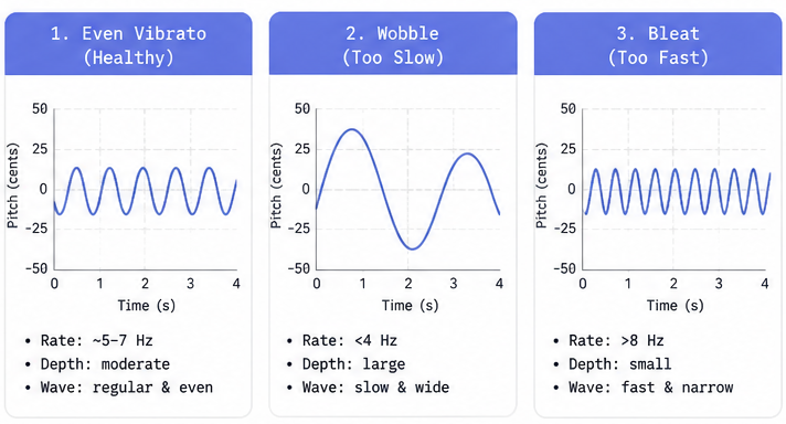 Three vibrato pattern comparisons in Vocal Pitch Monitor — even, too slow, too fast