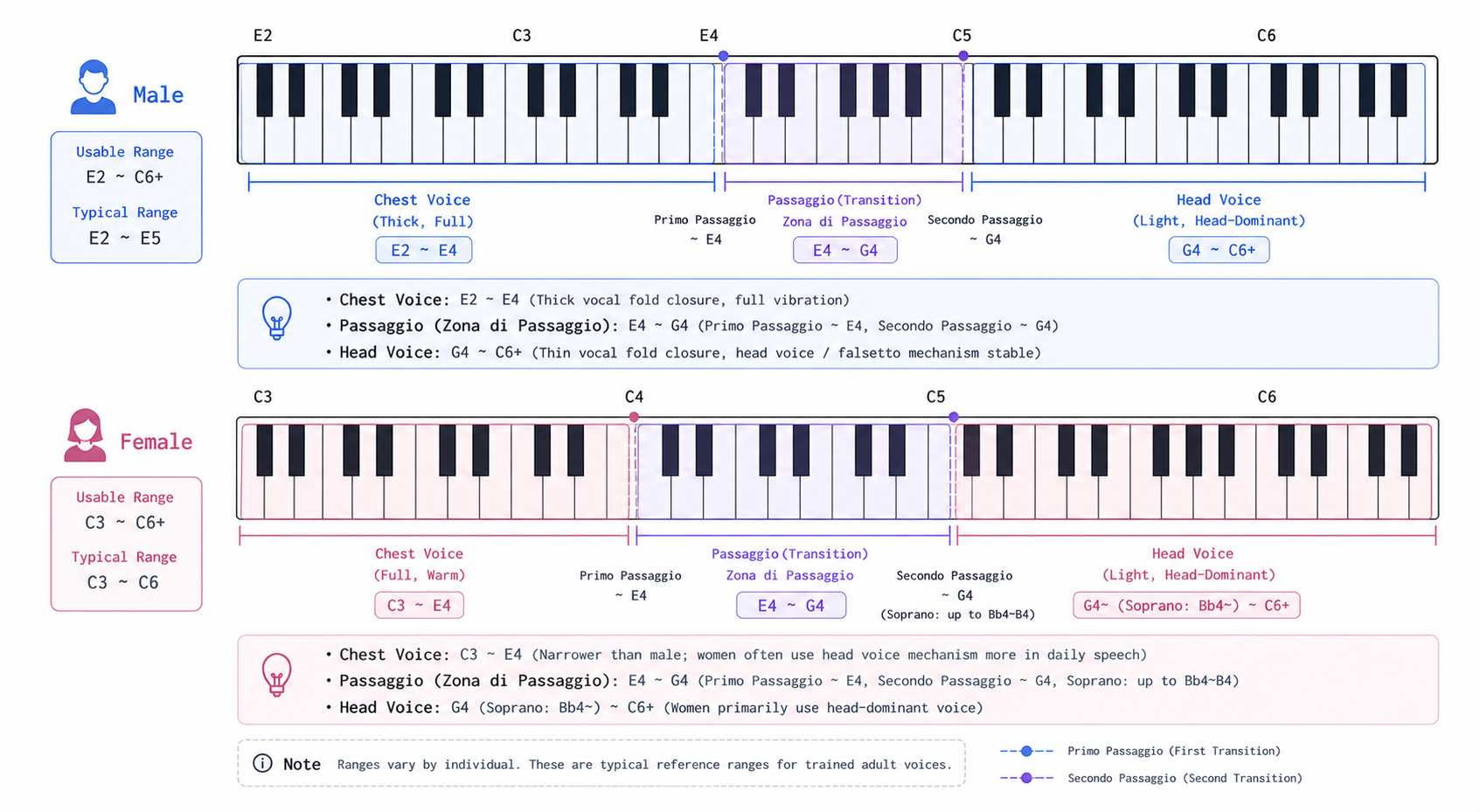 Chest voice, passaggio, and head voice zones shown on a piano keyboard