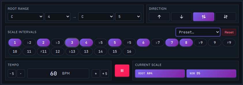 Vocal Scales — Round-trip direction and Current Scale (Root / Now) display