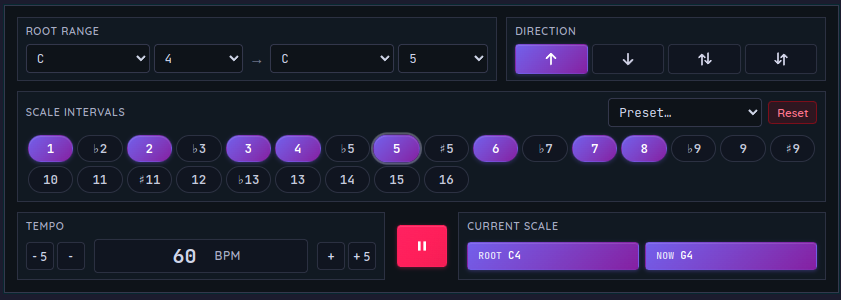 Starting major scale practice — Major preset with low BPM (e.g. 60–70) setting