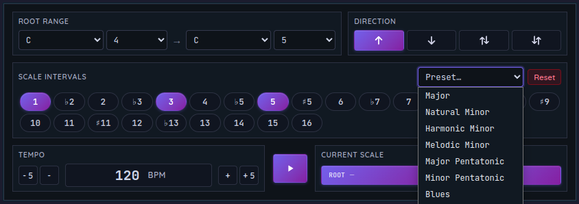 Vocal Scales — Major, Natural Minor, Pentatonic and other presets with interval chips