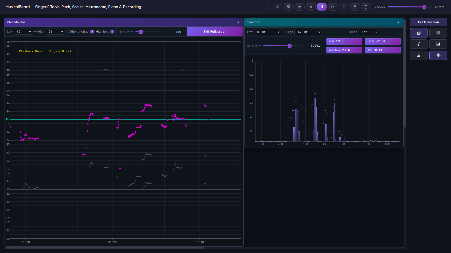 Vocal Pitch Monitor and Vocal Spectrum open simultaneously — monitoring pitch accuracy and spectral character at the same time